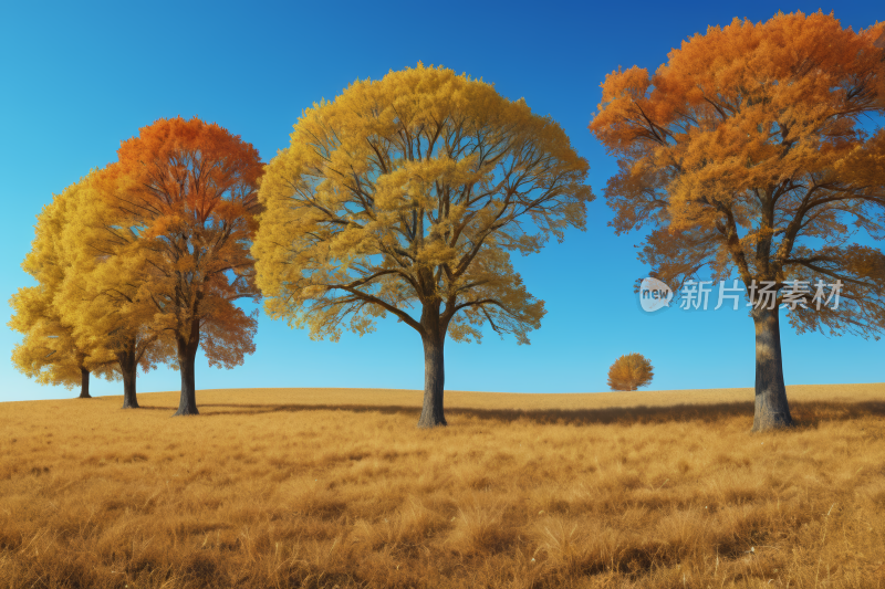 一片蓝天的田野里有四棵树高清风景图片