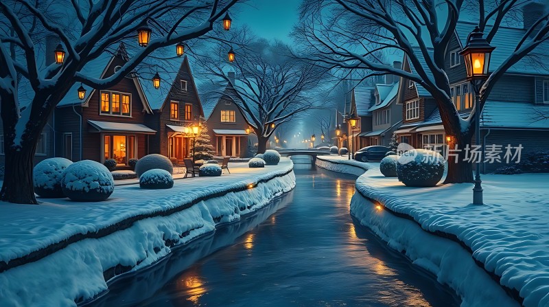 雪夜小镇温馨宁静