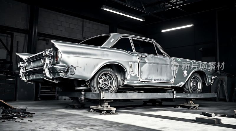 银色经典老车车间内展示