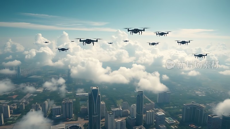 无人机编队飞越城市上空