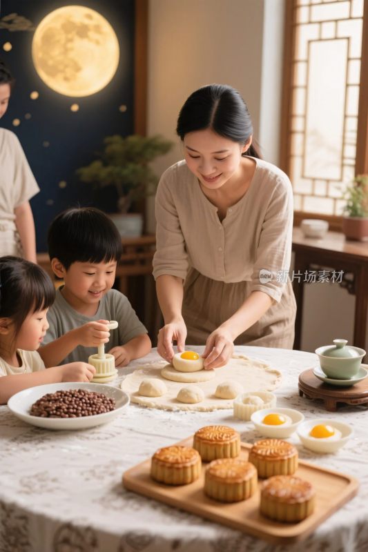 中秋节全家制作月饼温馨场景