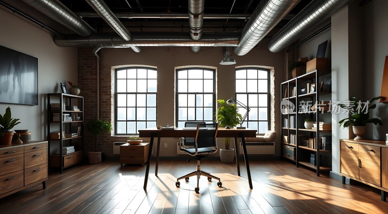 阳光洒满现代简约办公室绿植点缀温馨书架