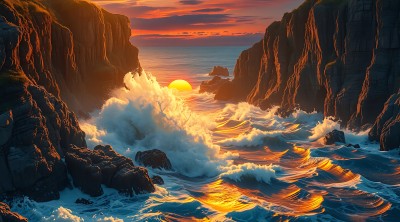 日落时分的海浪与悬崖