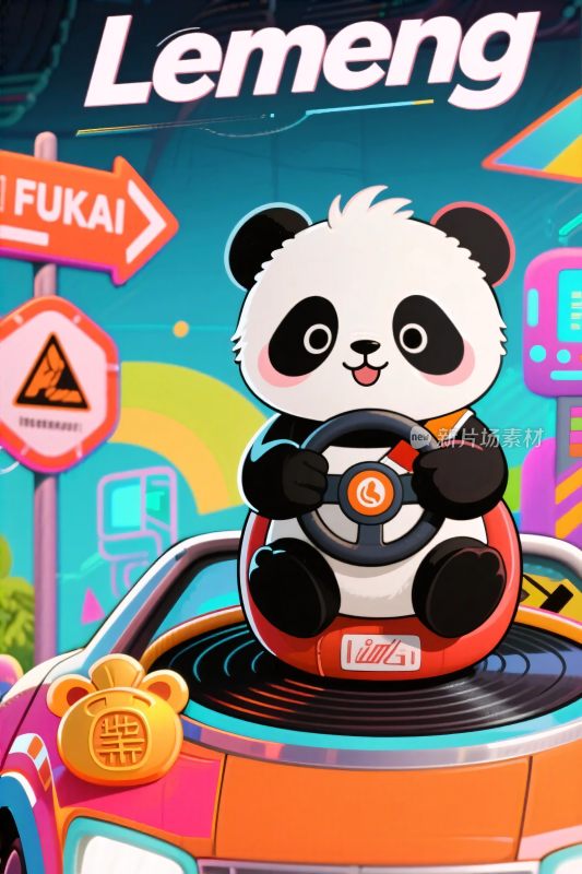 卡通熊猫驾驶汽车插画