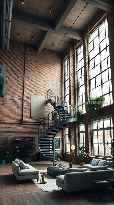 工业风大宅螺旋楼梯与舒适沙发