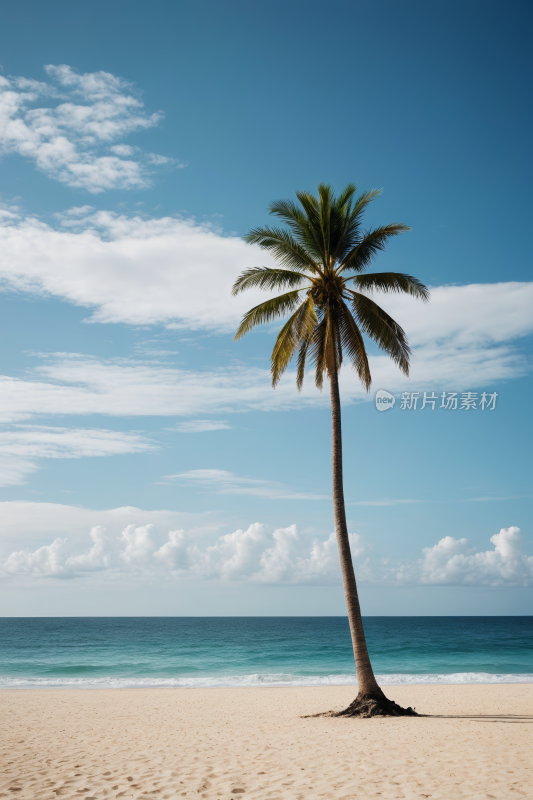 海边的海滩上一棵孤独的棕榈树高清风景图片