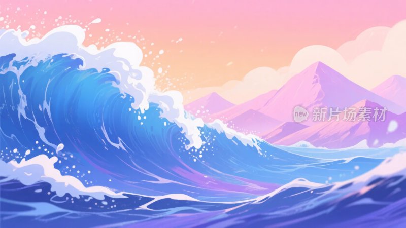 海浪与远山的梦幻插画