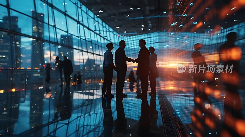 商务会谈城市夜景下的合作瞬间