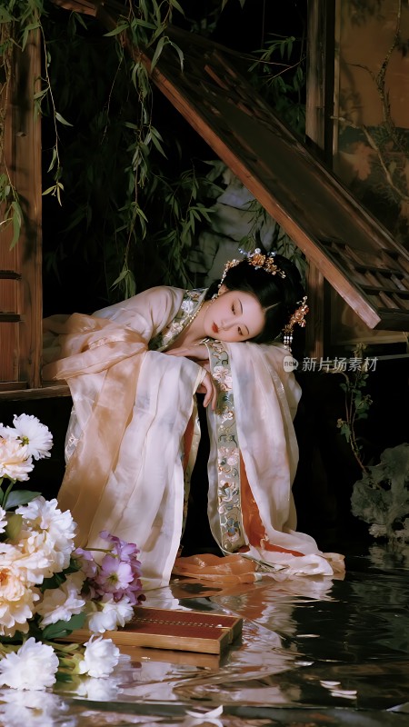 汉服佳人卧花间