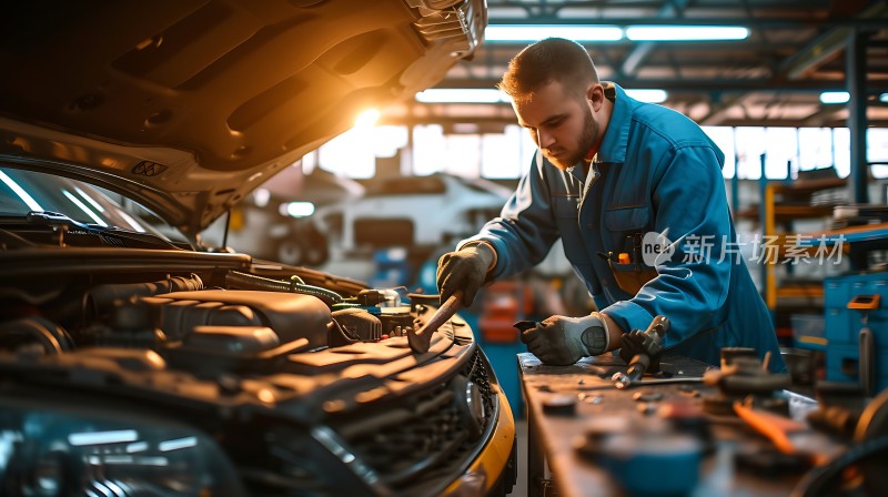 修车工人在车间里专注地修理汽车引擎盖打开的车子