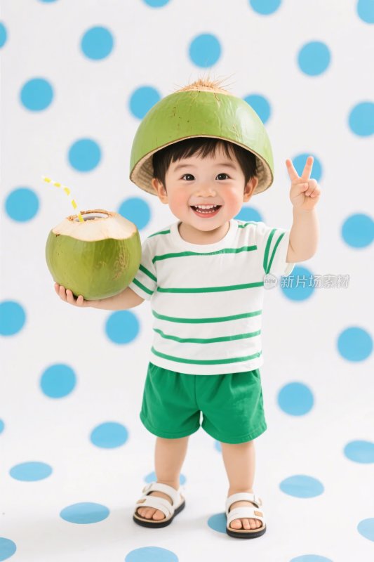 手持椰子的可爱小男孩