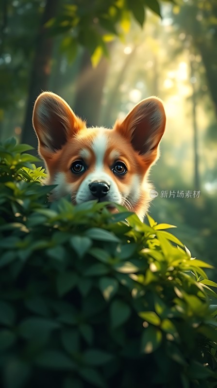 阳光下的森林小狗探出头