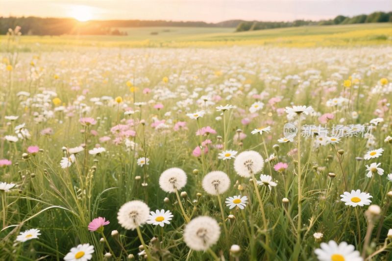夕阳下的野花草地