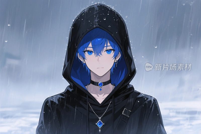 雨中蓝发角色插画
