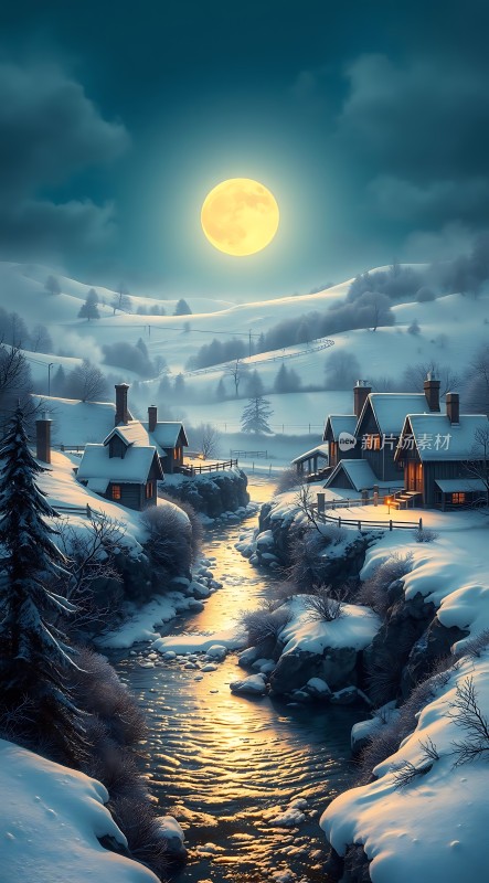 雪夜月光下的温馨小屋