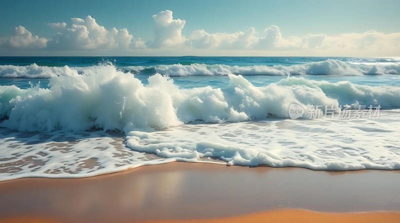 阳光下的海浪轻拍沙滩