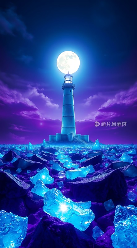 冰蓝月光下的灯塔奇景