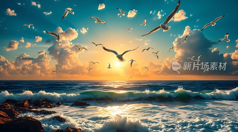 海鸥翱翔日落时分的海洋