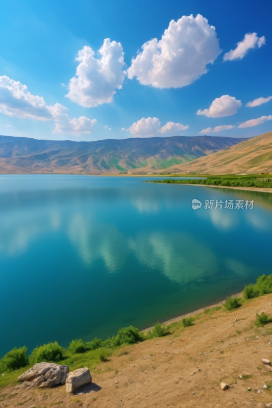 一大片水域一座山高清风景图片