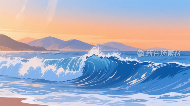 海边日落时的翻滚海浪