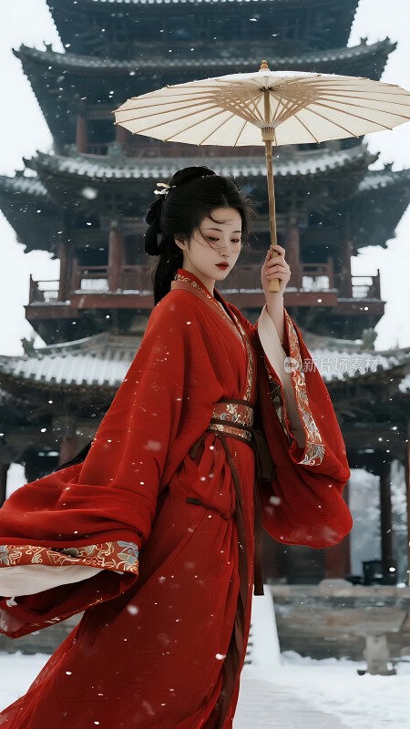 红衣佳人撑油纸伞雪中楼阁映白纱