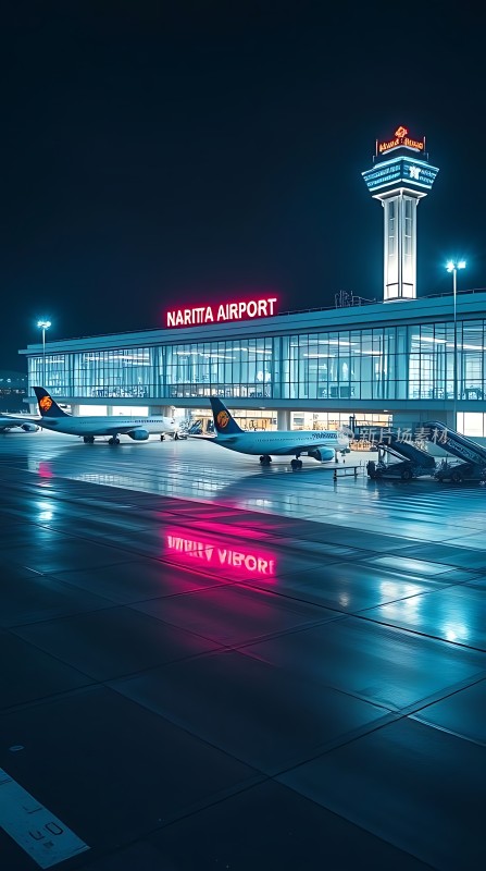 夜幕下的成田机场灯火通明飞机停靠在停机坪上