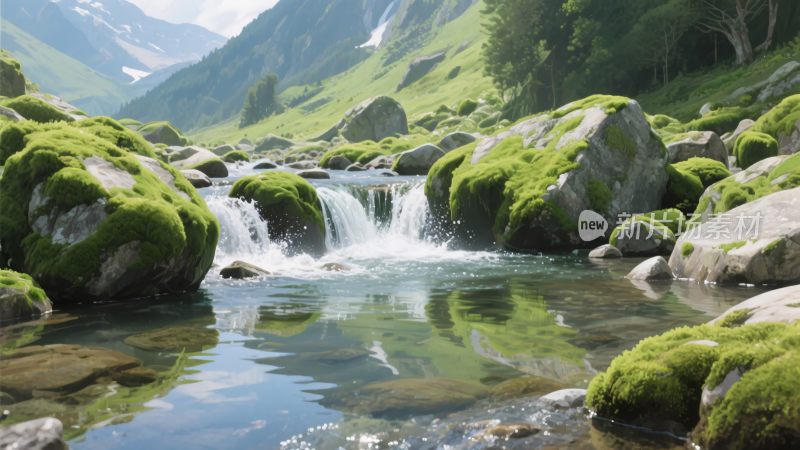 山间溪流与青苔覆盖的岩石