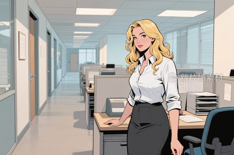 办公室女性办公插画场景