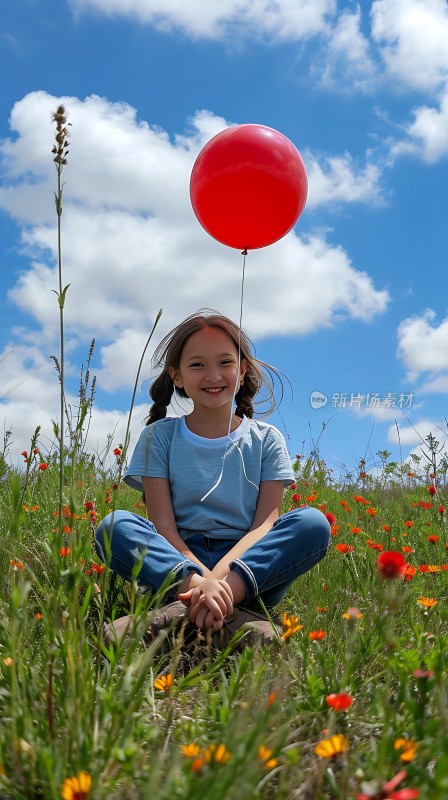 蓝天白云下的草地上的小女孩和红色气球