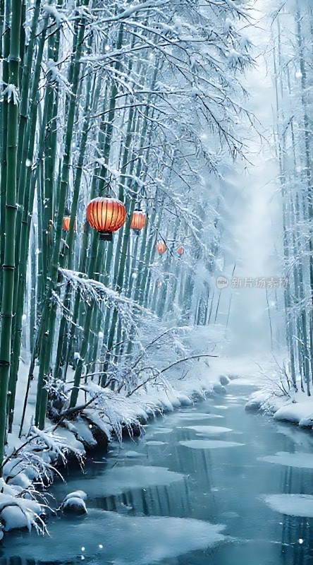 雪中竹影映灯笼
