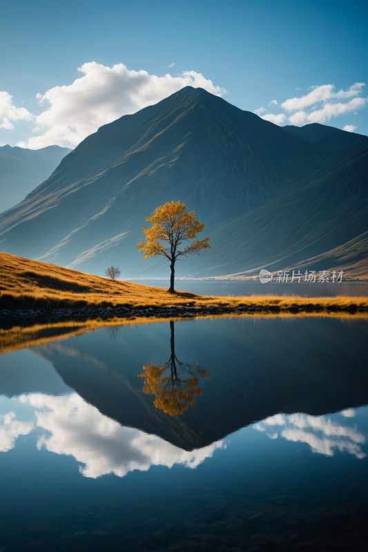 湖中央的树一座高山清风景图片