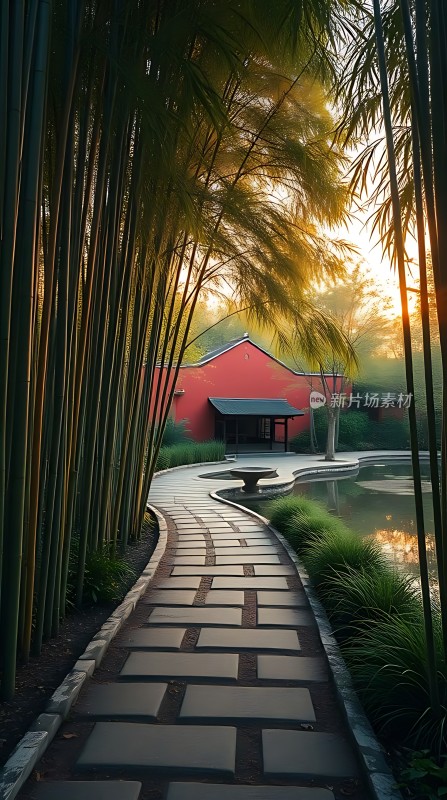 竹影小径映红墙