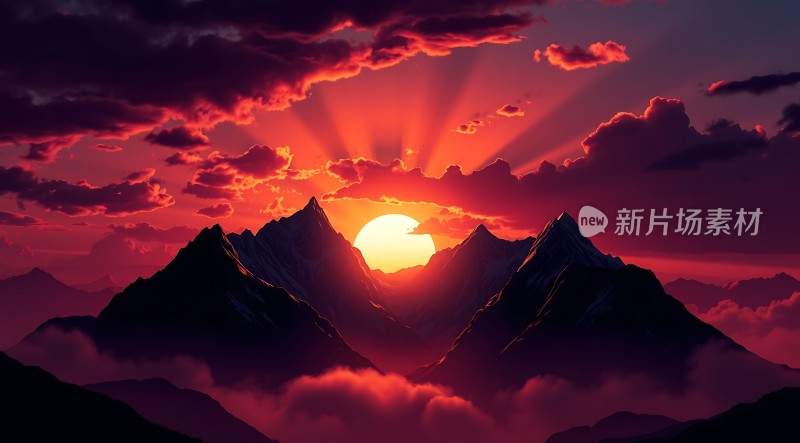 日出奇景红霞满天映山峰