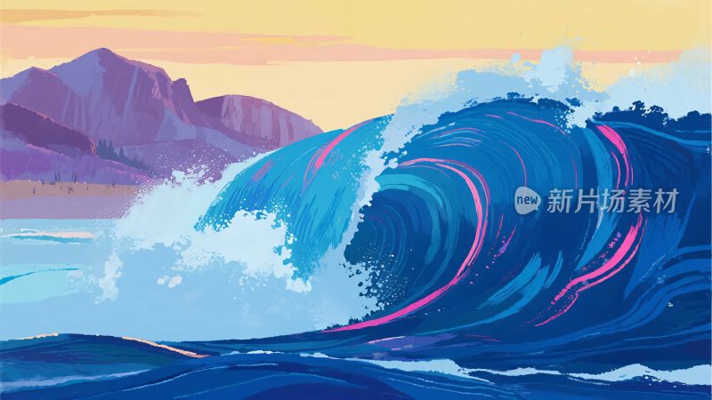 绚丽海浪与远山的插画风景