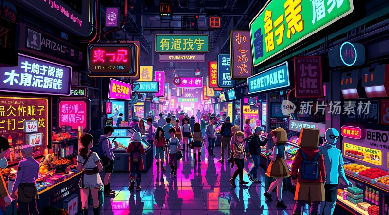 霓虹灯下的繁华夜市