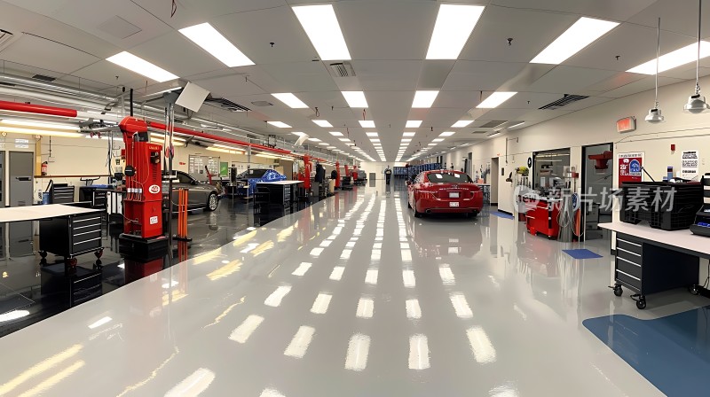现代汽车维修车间红黑相间工具车红色汽车整洁明亮环境