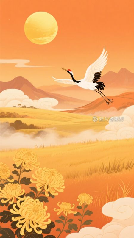 秋日飞鹤与菊花美景插画