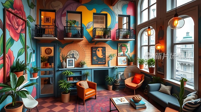 色彩斑斓的艺术空间绿意盎然的植物点缀其中