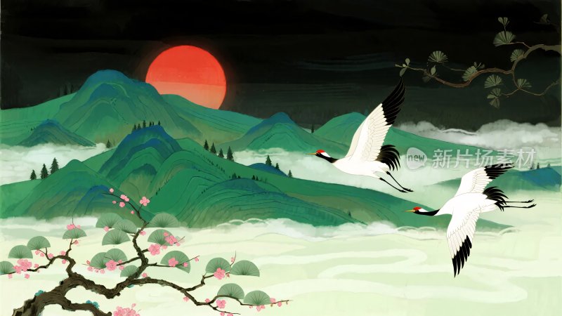 双鹤于山水间伴红日飞翔