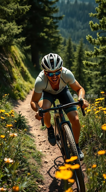 骑行者穿越花海小径