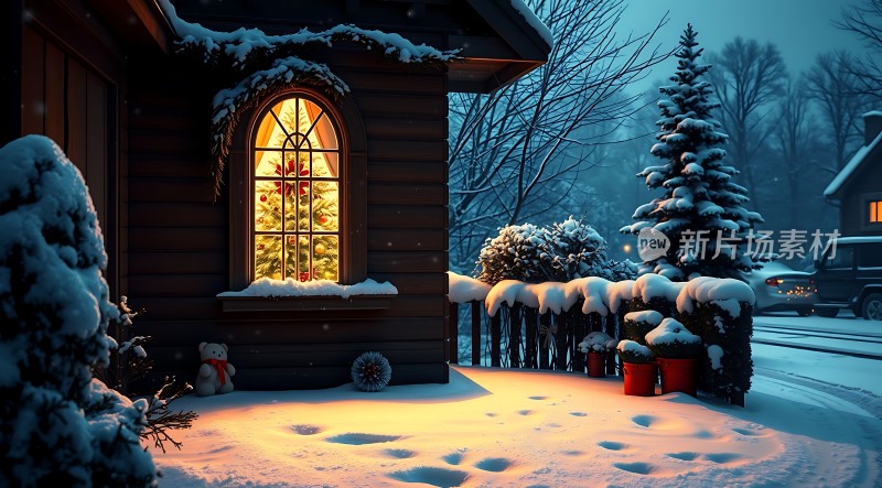 温馨冬日圣诞树下的温暖之家