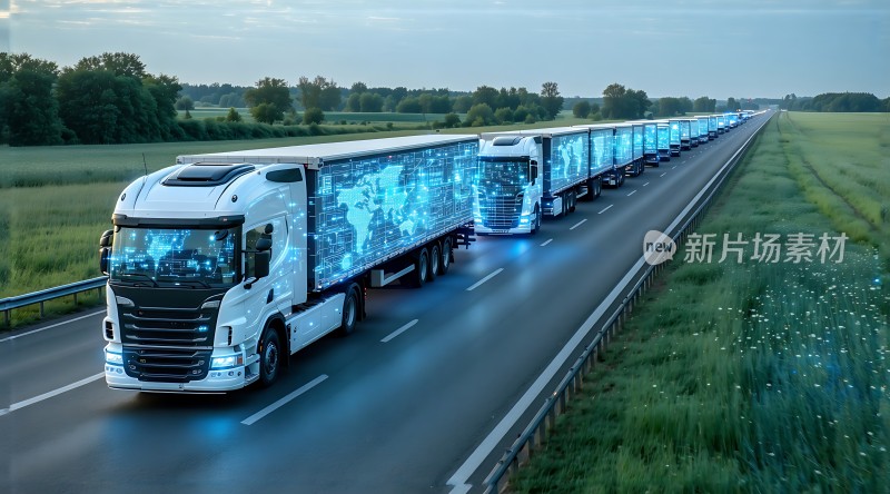 智能卡车列队行驶在高速公路上