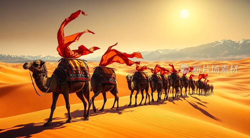 驼队穿越金色沙漠