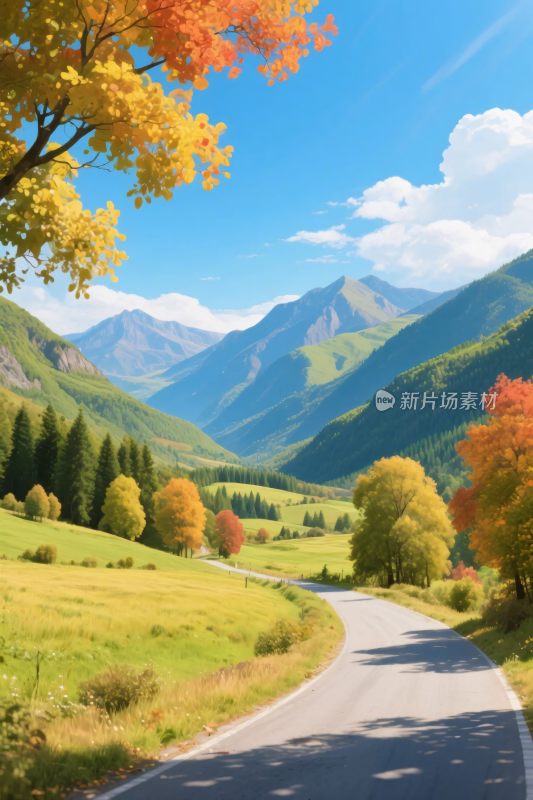 秋日山间公路风景图