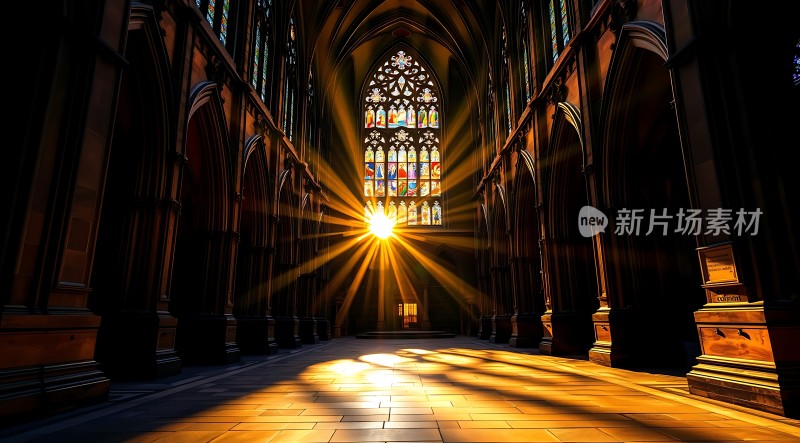 阳光洒进教堂内部彩色玻璃窗透出温暖光芒