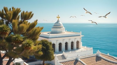 海边的白色教堂与飞翔的海鸥 海边的白色教堂与飞翔的海鸥