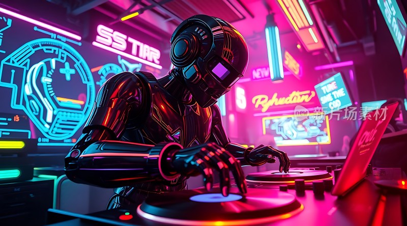 机器人DJ在霓虹灯下混音