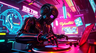 机器人DJ在霓虹灯下混音 机器人DJ在霓虹灯下混音