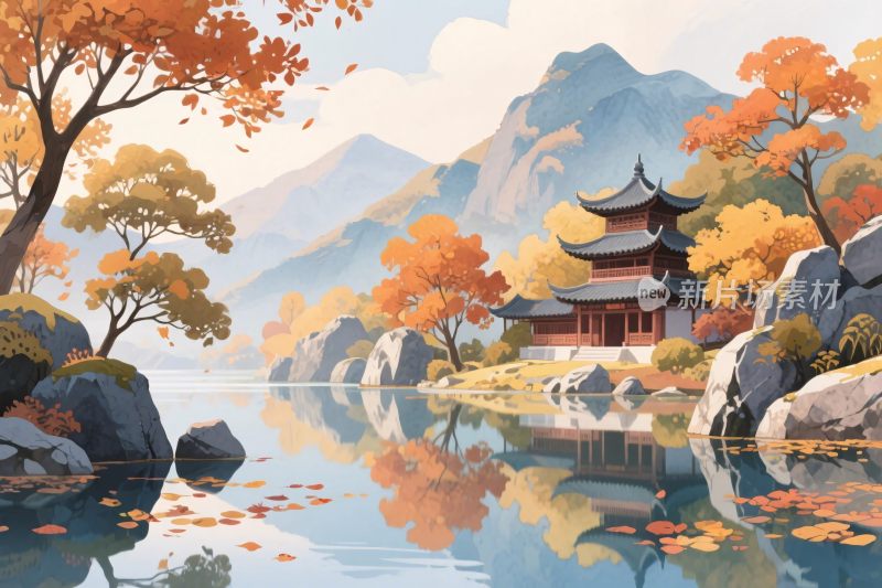 山水古韵秋景插画