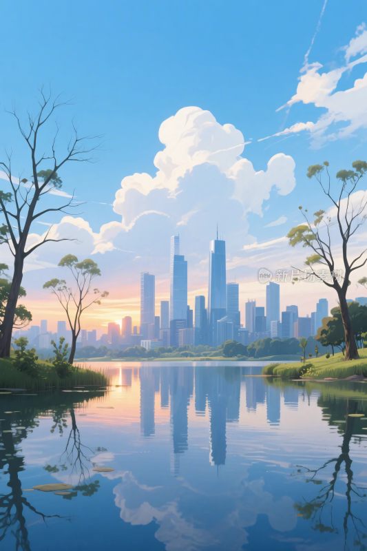 城市湖景插画